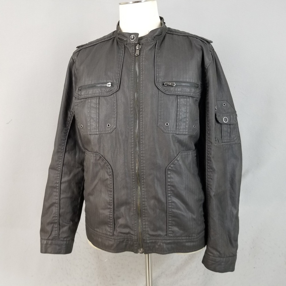 INC International Concepts Jacket Mens L Black Coated Utility Moto Full Zip Coat